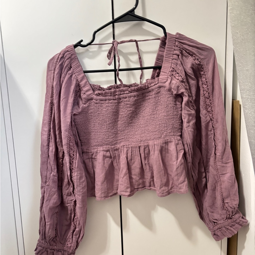 American eagle Boho peplum cropped Women's Pink Smocked Top